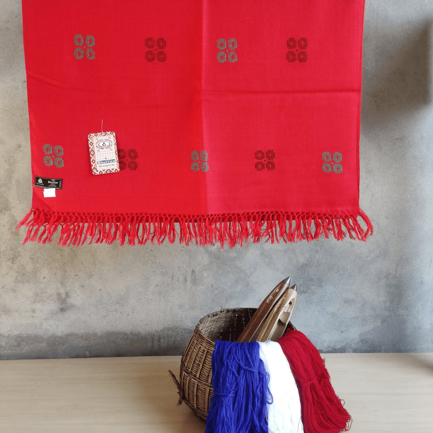 Hand Woven Polywool Kullu Stole - (ND - 3) Red - Bhuttico Shawls