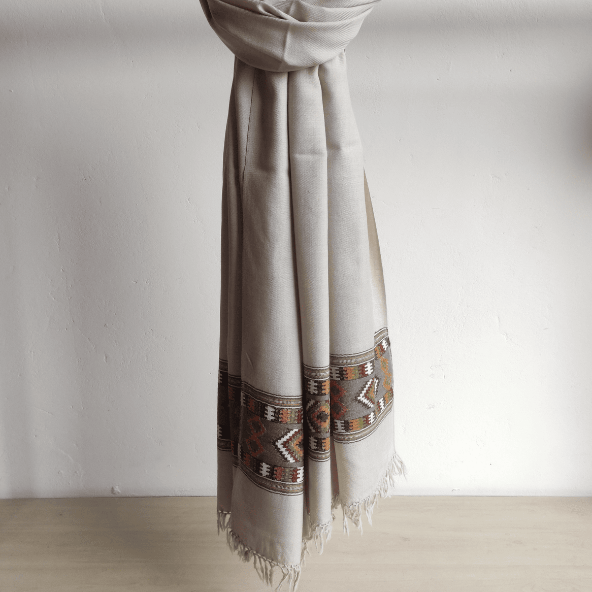 Hand Woven Pure Merino Wool Kullu Shawl - Beige - Bhuttico Shawls