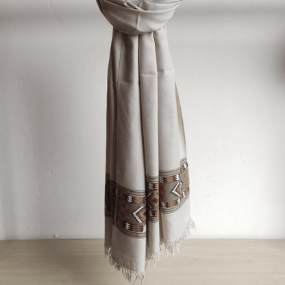 Hand Woven Pure Merino Wool Kullu Shawl - Beige - Bhuttico Shawls