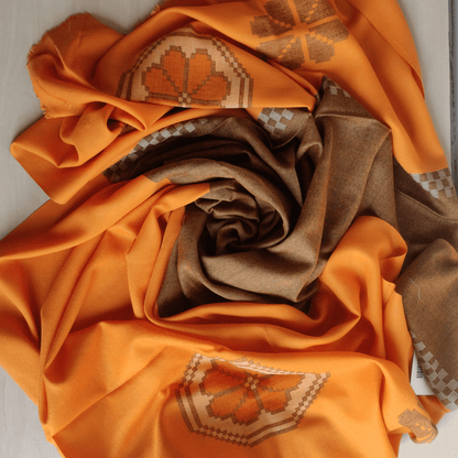 Hand Woven Pure Merino Wool Kullu Shawl - Orange - Bhuttico Shawls