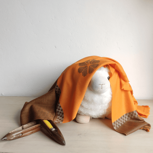 Hand Woven Pure Merino Wool Kullu Shawl - Orange - Bhuttico Shawls