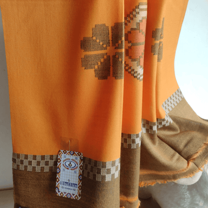 Hand Woven Pure Merino Wool Kullu Shawl - Orange - Bhuttico Shawls