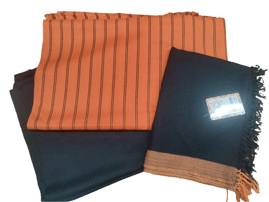 Hand Woven Pure Merino Wool Suit + Stole (Black + Orange) - Bhuttico Shawls