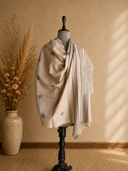 Handwoven Ivory Bloom Kullu shawl in angora and wool blend, ivory - front view