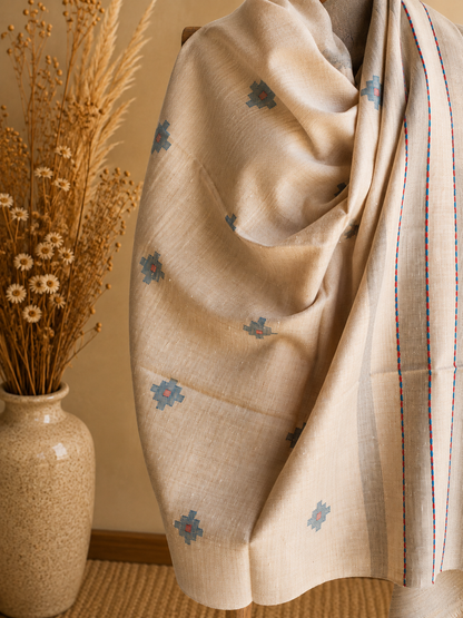 Handwoven Ivory Bloom Kullu shawl in angora and wool blend, ivory - close-up texture