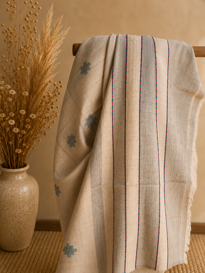 Handwoven Ivory Bloom Kullu shawl in angora and wool blend, ivory - folded view