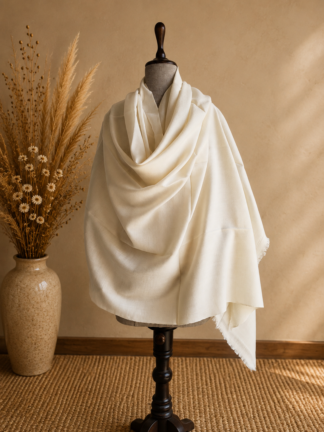 Handwoven Kullu shawl in angora and wool blend, white - front view