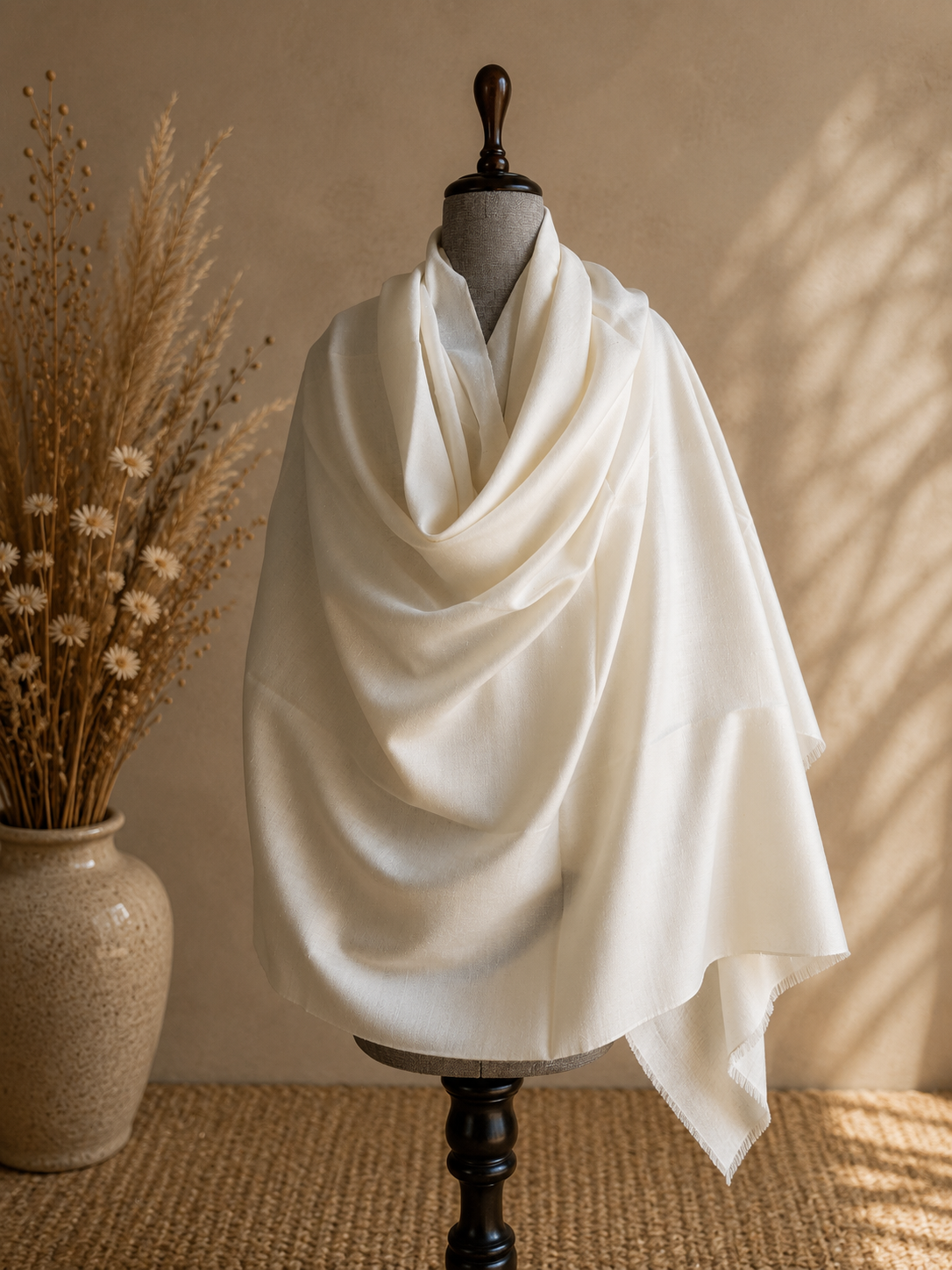 Handwoven Kullu shawl in angora and wool blend, white - close-up texture
