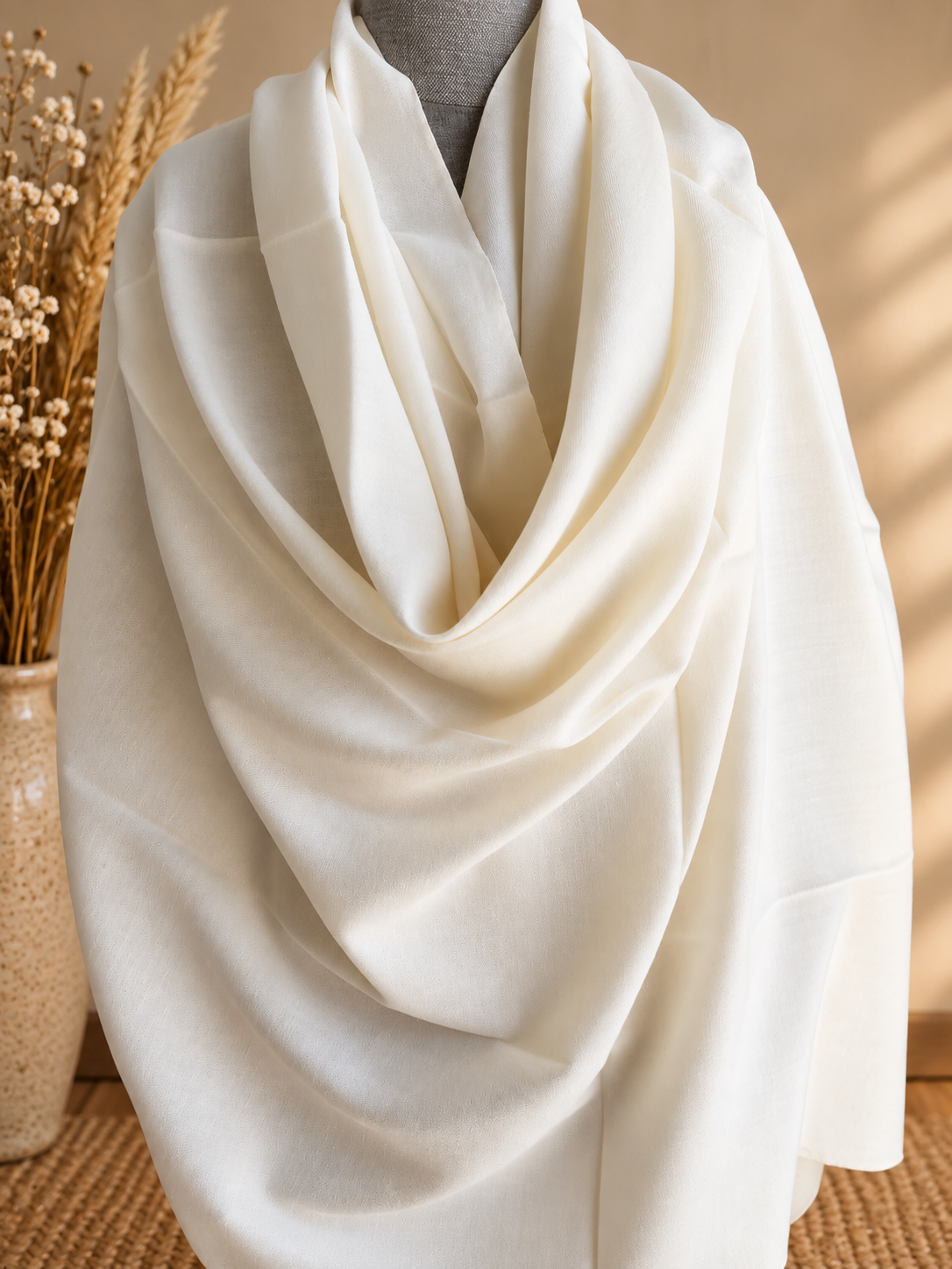 Handwoven Kullu shawl in angora and wool blend, white - folded view