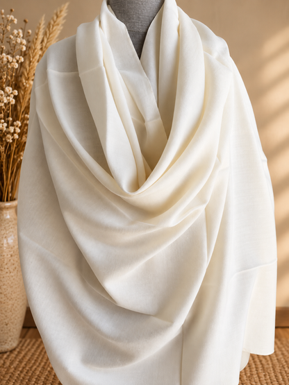 Handwoven Kullu shawl in angora and wool blend, white - folded view