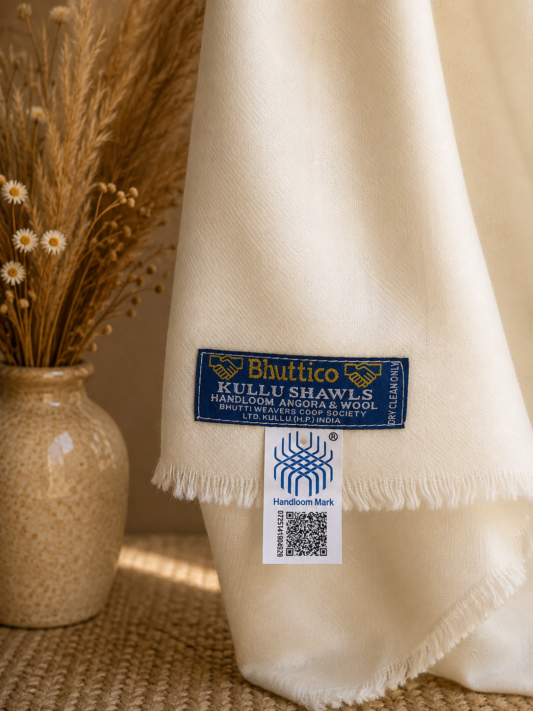 Handwoven Kullu shawl in angora and wool blend, white - styled view
