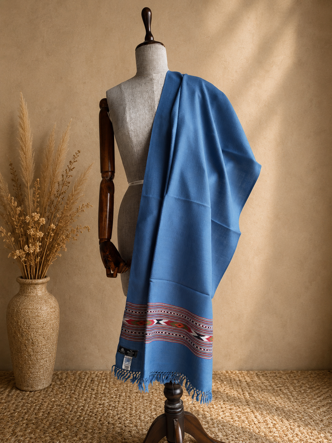Handwoven Bhuttico Sky Heritage Kullu stole in pure merino wool, jeans blue - front view