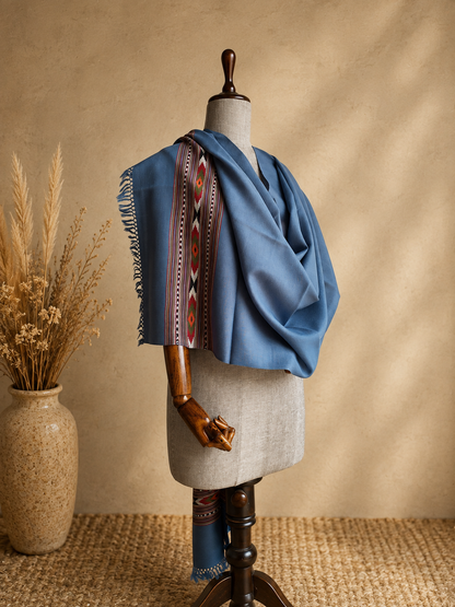 Handwoven Bhuttico Sky Heritage Kullu stole in pure merino wool, jeans blue - close-up texture