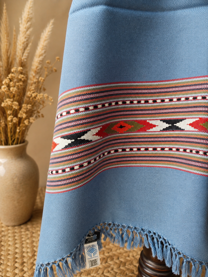 Handwoven Bhuttico Sky Heritage Kullu stole in pure merino wool, jeans blue - folded view