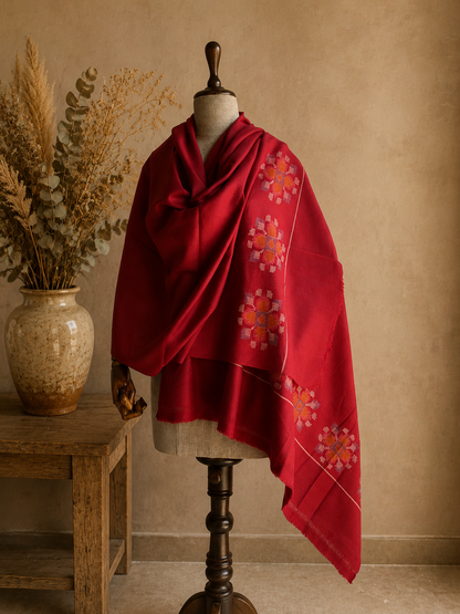 Handwoven Crimson Blossom medallion Kullu shawl in pure merino wool, maroon - front view