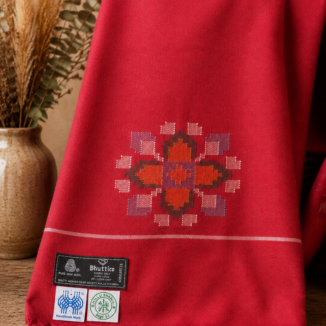 Handwoven Crimson Blossom medallion Kullu shawl in pure merino wool, maroon - folded view