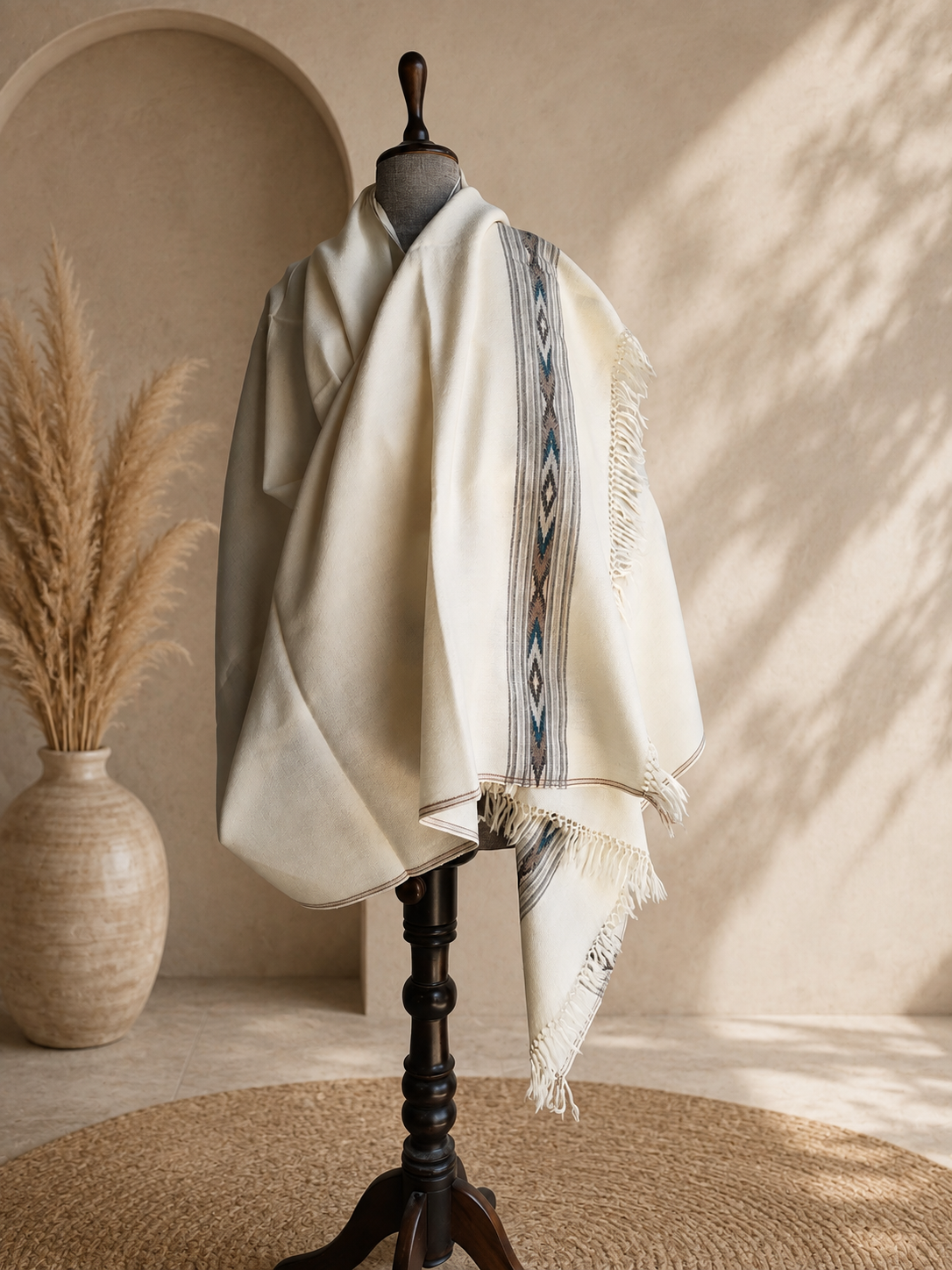 Handwoven pure merino wool Kullu shawl with diamond border design in white - front view