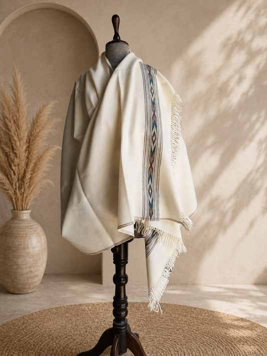 Handwoven pure merino wool Kullu shawl with diamond border design in white - front view