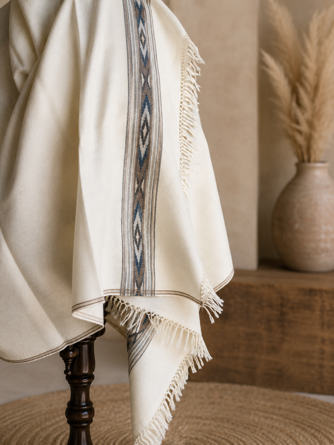 Handwoven pure merino wool Kullu shawl with diamond border design in white - close-up texture