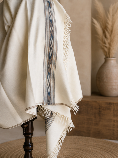 Handwoven pure merino wool Kullu shawl with diamond border design in white - close-up texture
