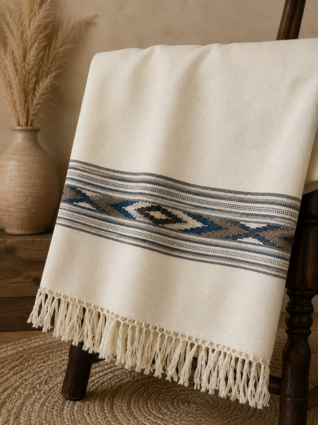 Handwoven pure merino wool Kullu shawl with diamond border design in white - folded view