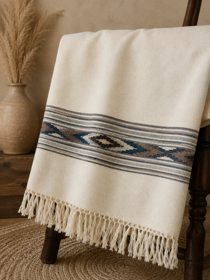 Handwoven pure merino wool Kullu shawl with diamond border design in white - folded view