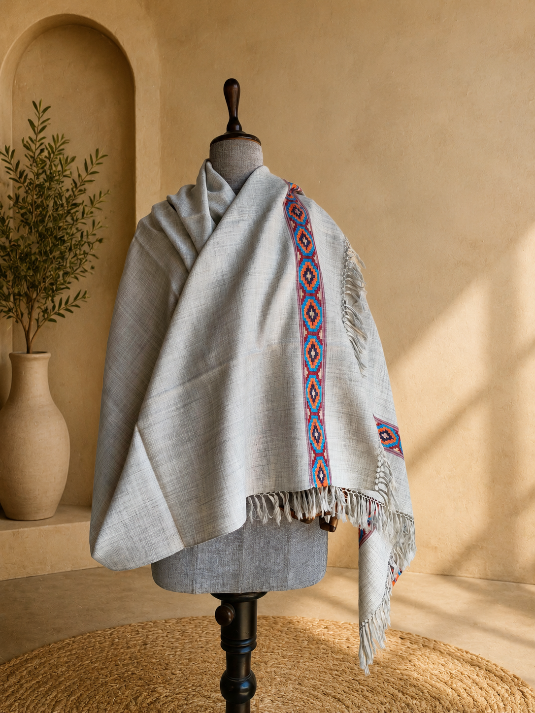 Handwoven Grey Valley diamond weave Kullu shawl in polywool, grey - front view