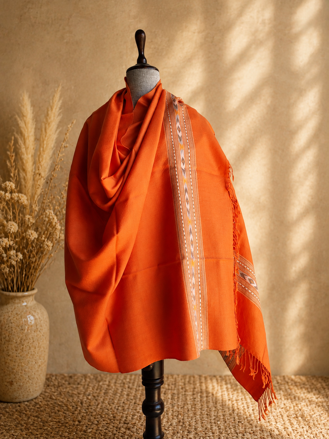 Handwoven Heritage Border Kullu shawl in pure merino wool - front view