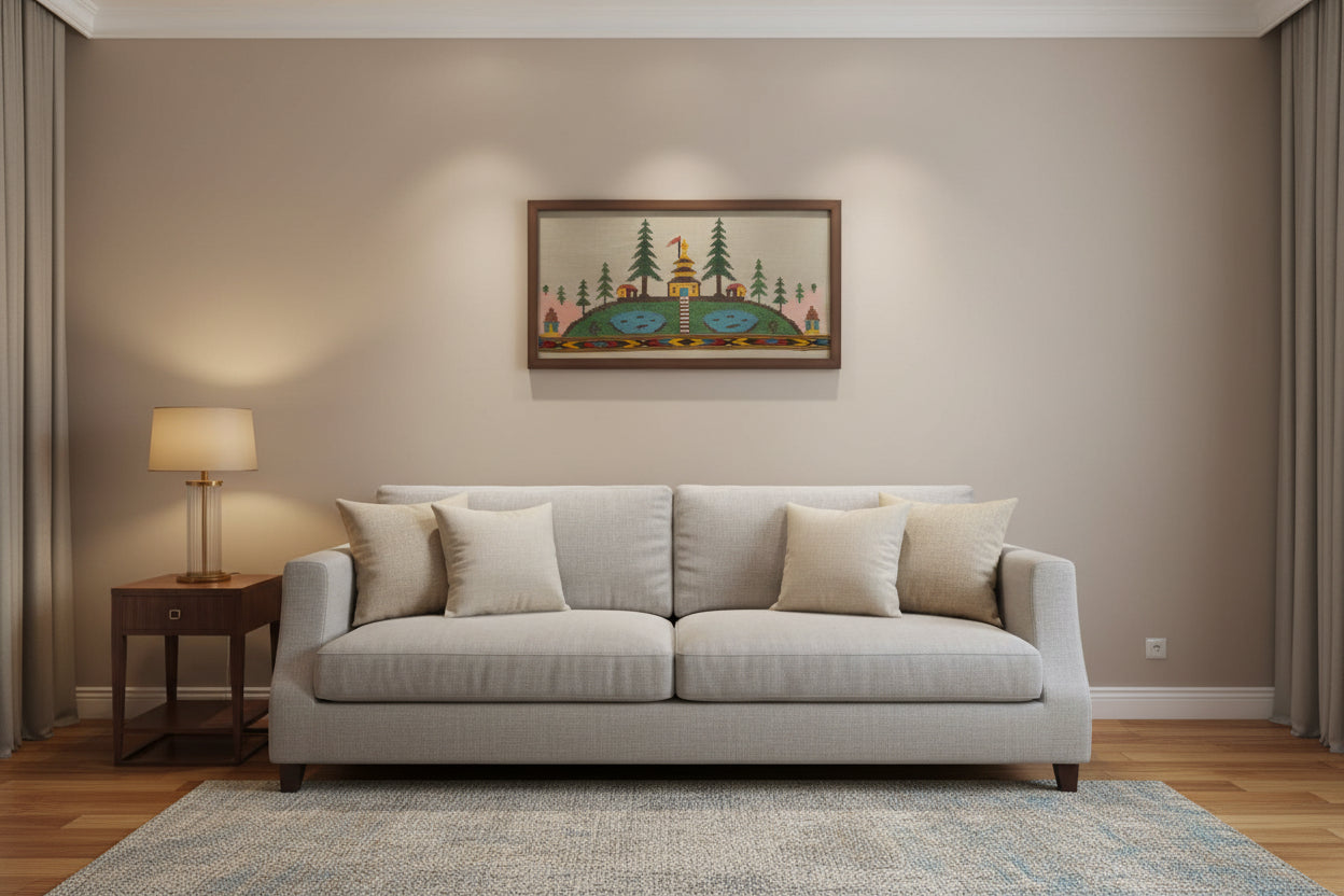 Handwoven wool wall art, Hilltop Sanctuary - front view
