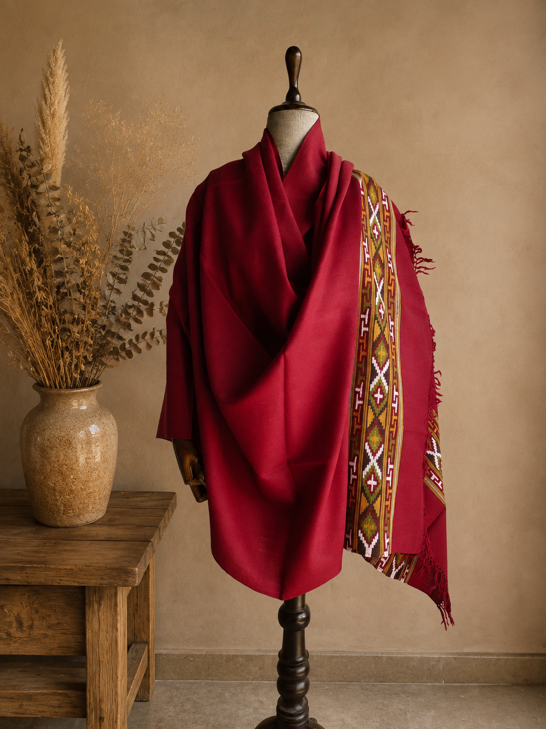 Handwoven Himalayan Ruby Kullu shawl in pure merino wool, maroon - front view