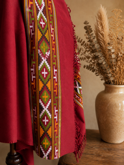 Handwoven Himalayan Ruby Kullu shawl in pure merino wool, maroon - close-up texture