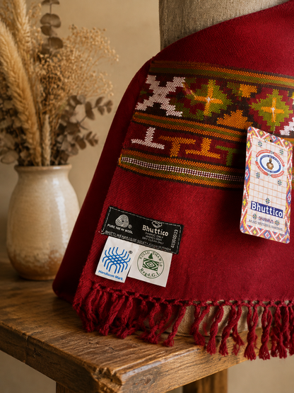Handwoven Himalayan Ruby Kullu shawl in pure merino wool, maroon - folded view