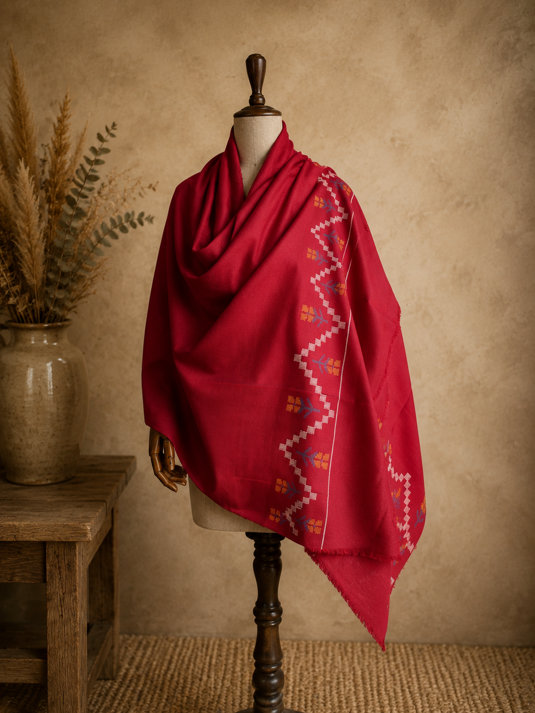Handwoven Himdhara Bloom Kullu shawl in pure merino wool, maroon - front view