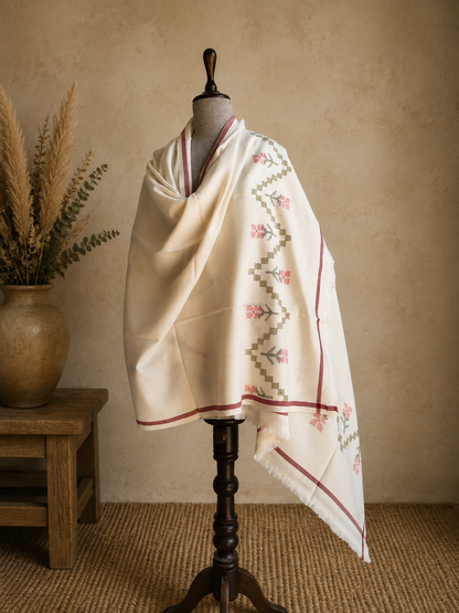 Handwoven Himdhara Bloom Kullu shawl in pure merino wool, white - front view