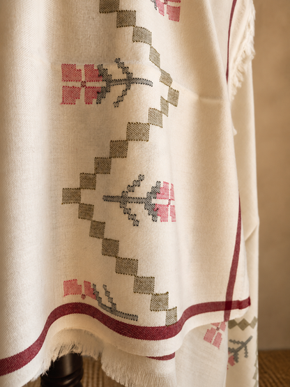 Handwoven Himdhara Bloom Kullu shawl in pure merino wool, white - close-up texture