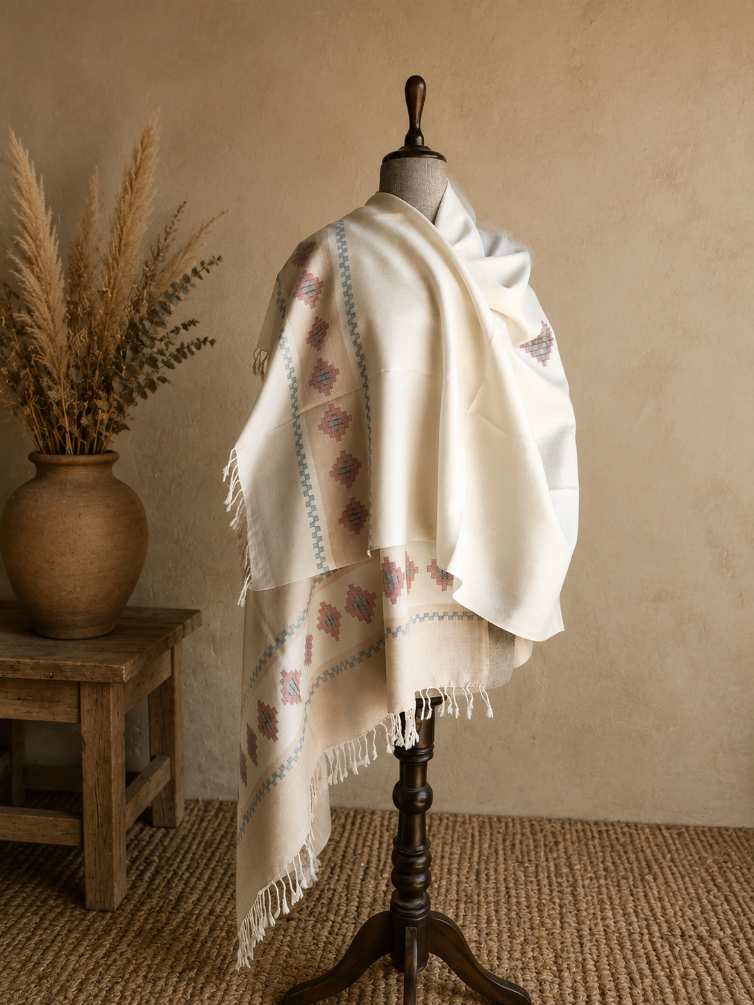 Handwoven Himrekha Gulnaar Kullu shawl in pure merino wool, white and beige - front view