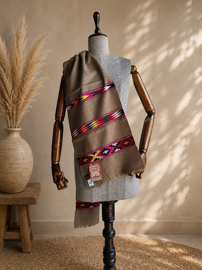 Handwoven pure merino wool Kullu muffler in dark grey - front view