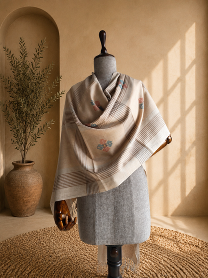 Handwoven pure merino wool Kullu stole in beige - front view