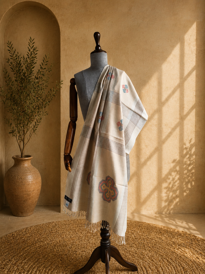 Handwoven pure merino wool Kullu stole in beige - close-up texture