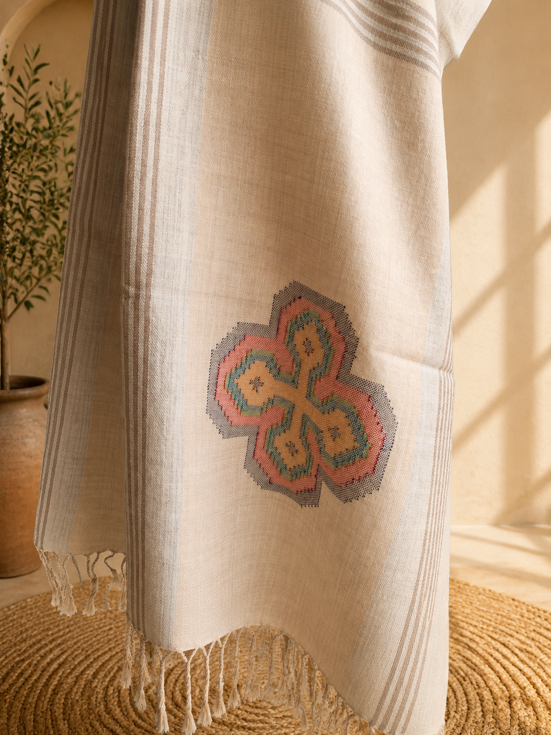 Handwoven pure merino wool Kullu stole in beige - folded view