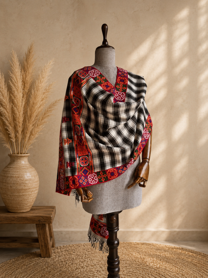 Handwoven pure merino wool Kullu stole in black and white check - front view