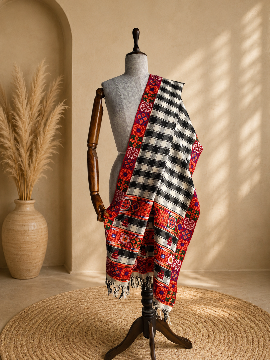 Handwoven pure merino wool Kullu stole in black and white check - close-up texture