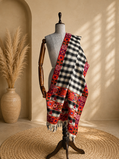 Handwoven pure merino wool Kullu stole in black and white check - close-up texture