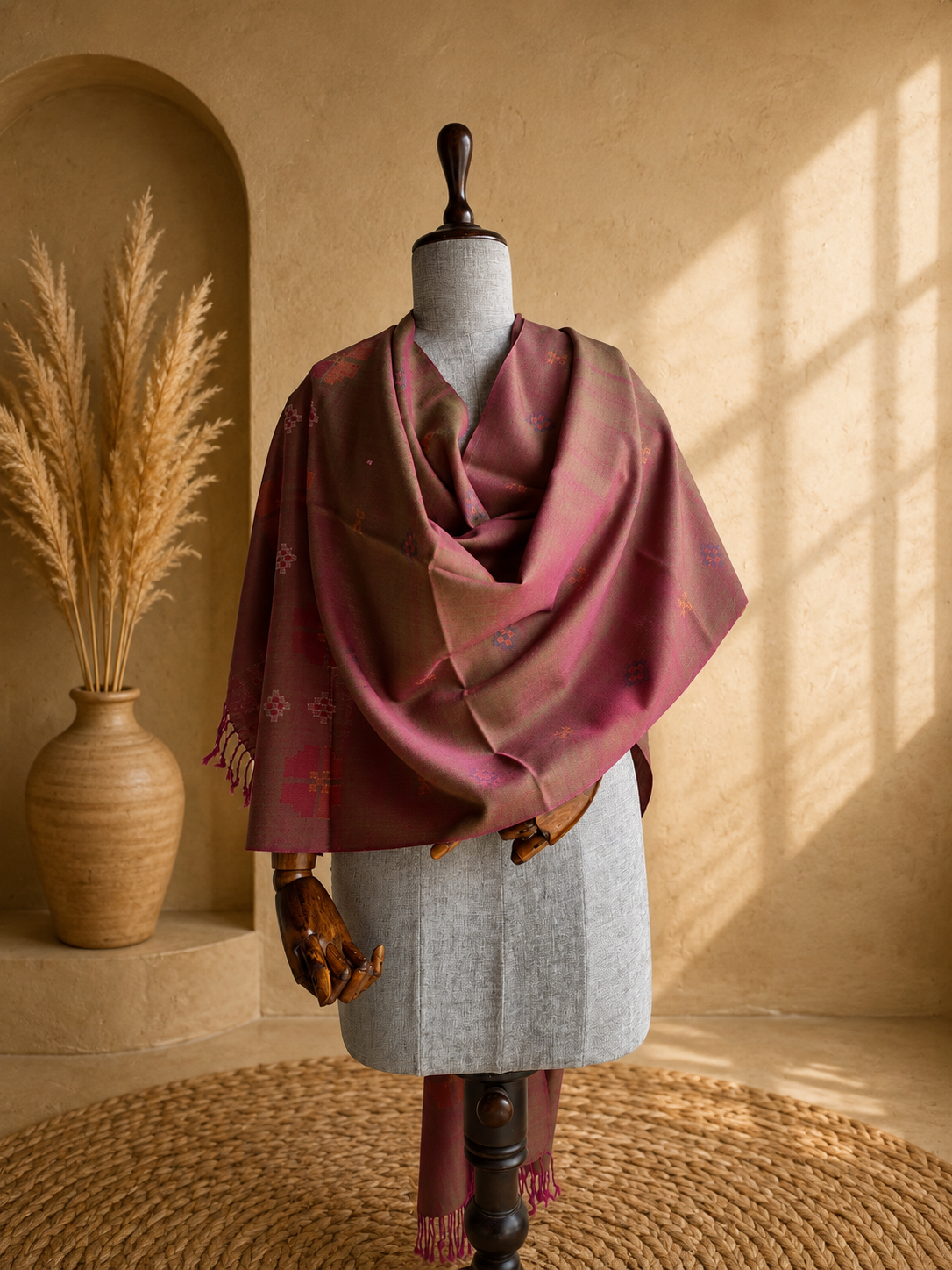 Handwoven pure merino wool Kullu stole in magenta - front view
