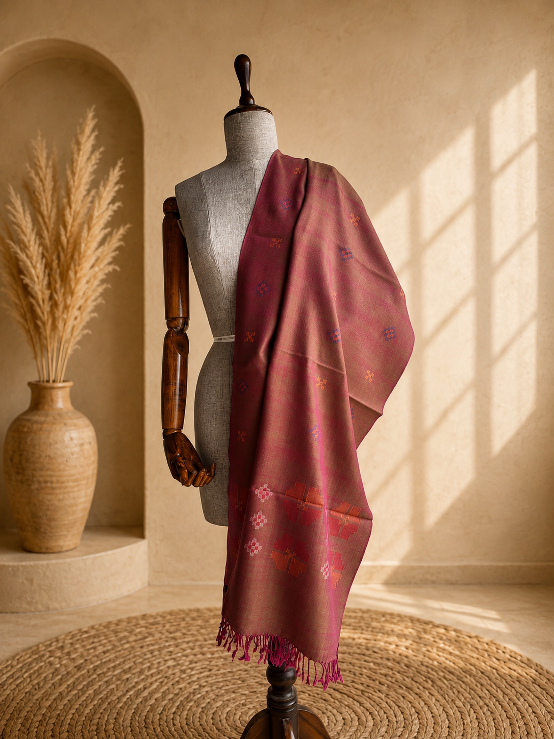 Handwoven pure merino wool Kullu stole in magenta - close-up texture
