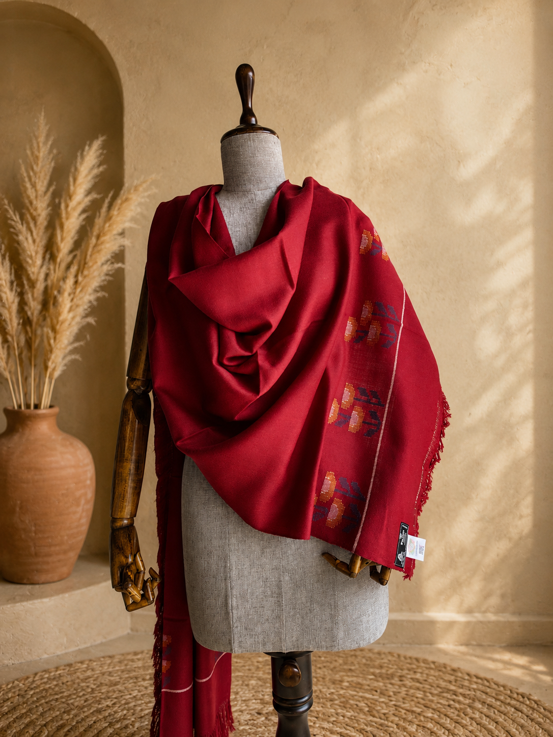 Handwoven pure merino wool Kullu stole in maroon - front view