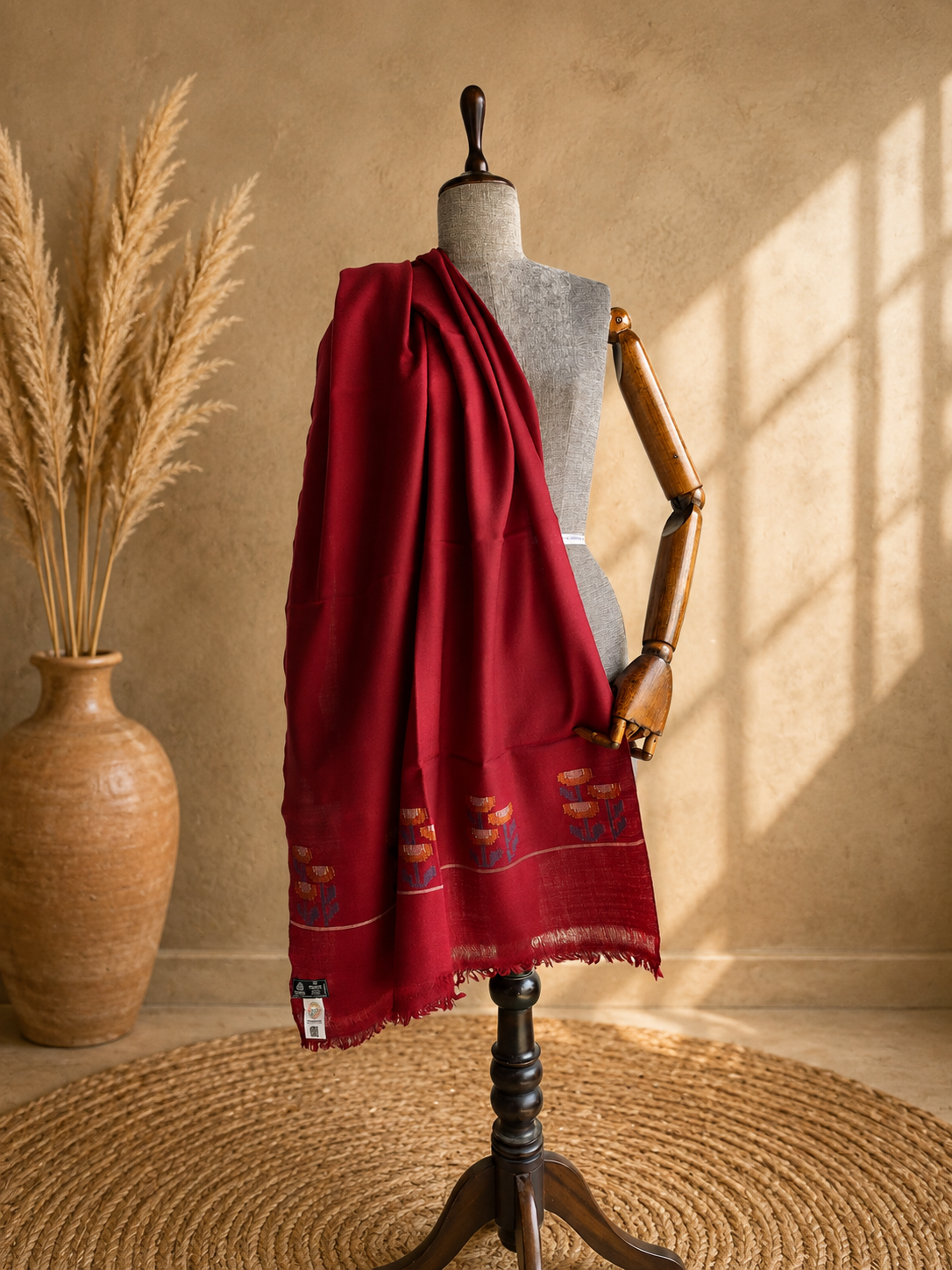 Handwoven pure merino wool Kullu stole in maroon - close-up texture