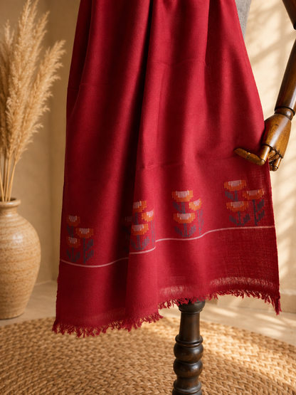 Handwoven pure merino wool Kullu stole in maroon - folded view