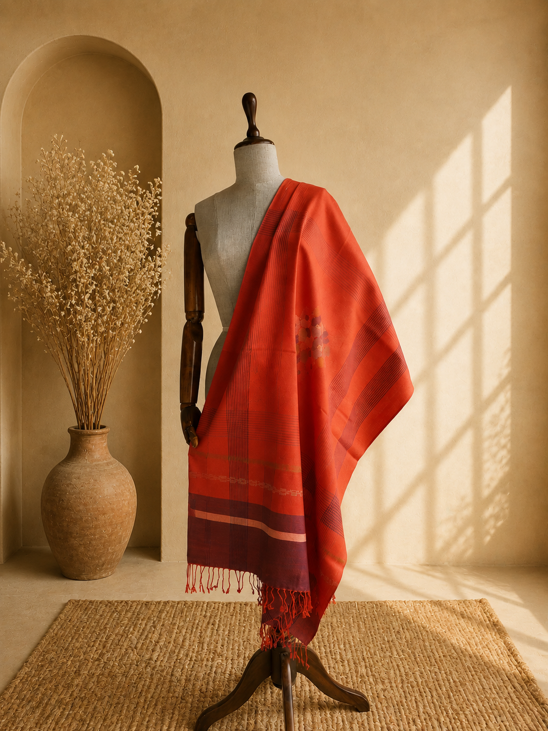 Handwoven pure merino wool Kullu stole in rust - front view