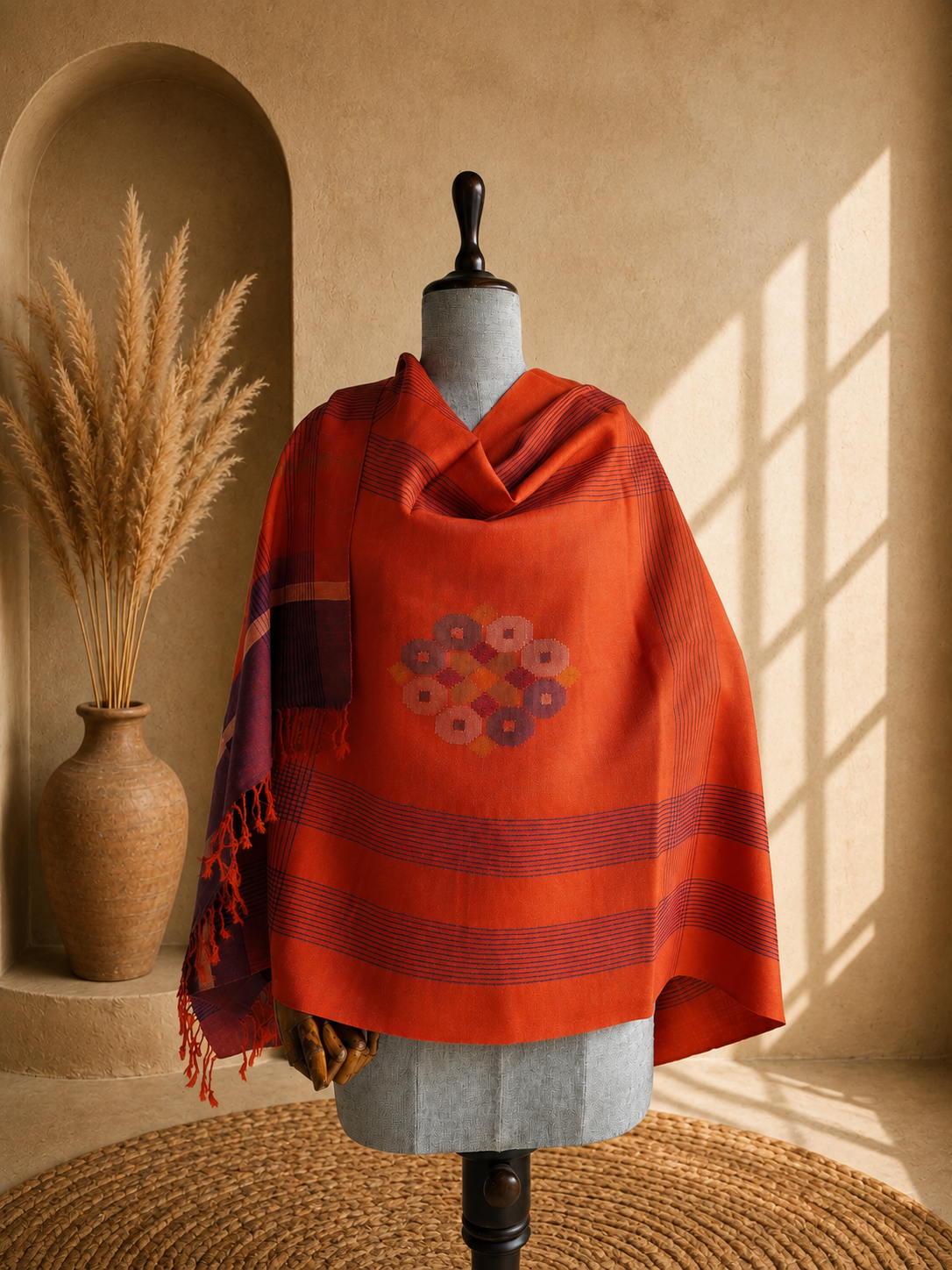 Handwoven pure merino wool Kullu stole in rust - close-up texture